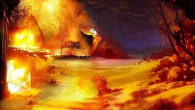 ​深夜，一间房子着了火，夜空被火光照得像白昼一样。男人蓬头垢面