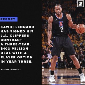 ​2+1合同！莱昂纳德3年1.03亿签约快船